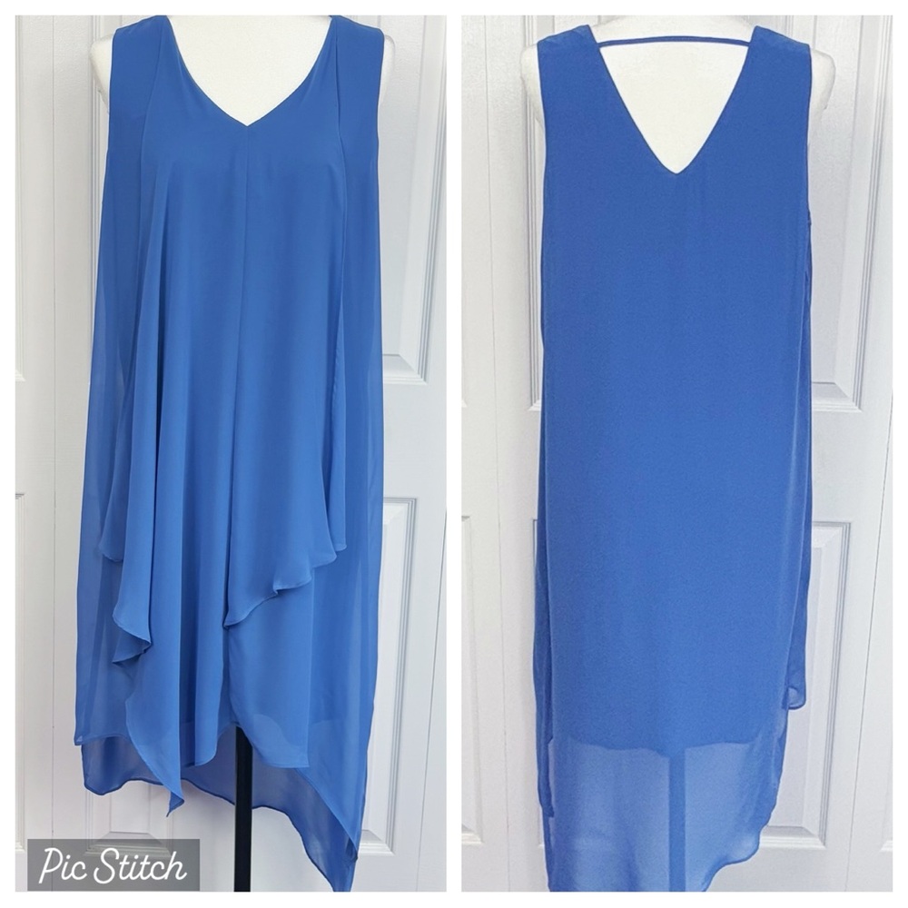 NWT Chico's Blue Sleeveless V-Neck Asymmetrical Ruffle Midi Dress 10
